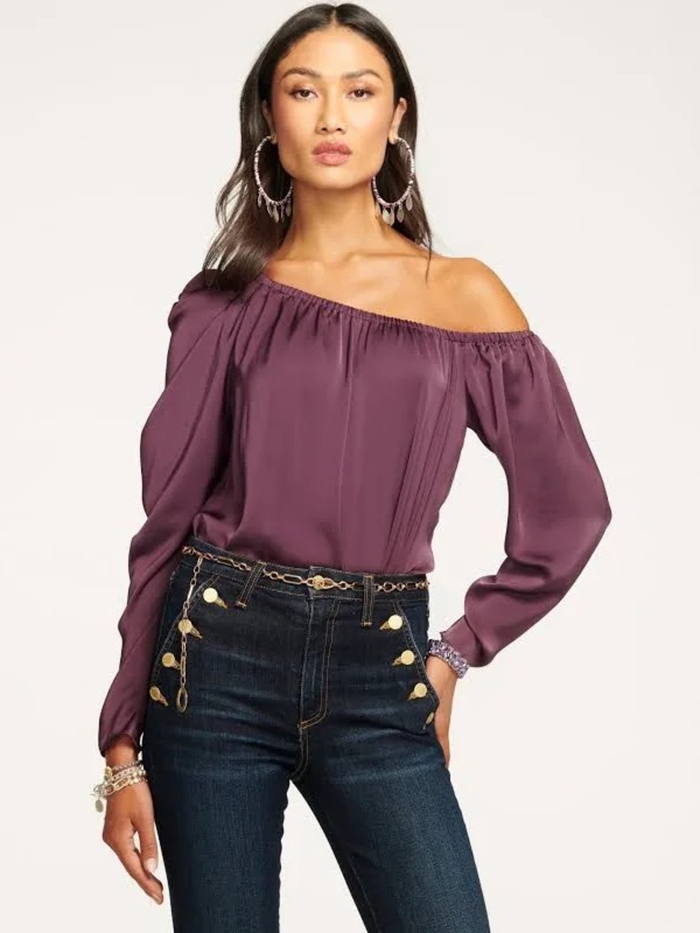RAMY BROOK ILEANA Off-Shoulder Long-Sleeve Satin Top in Plum 💗💗